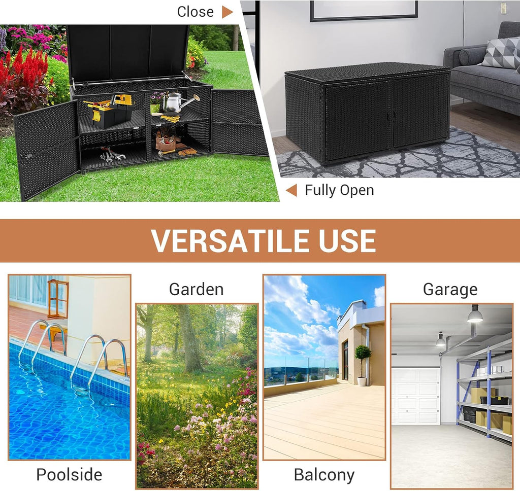 Giantex Rattan Deck Box Outdoor&Indoor 88 Gallon Wicker Storage Bench W/Separate Storage Shelf, Openable Door, Steel Fram, Tools Storage for Patio,Garden, Balcony, Porch, Yard Storage Box (Black)