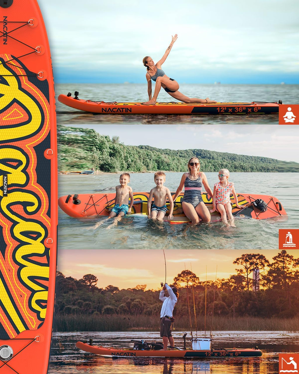 NACATIN 12'/366cm Extra Large Inflatable Stand Up Paddle Board with Seat, Wide 36'/91cm SUP Board for Adults & Family, with Single/Double Paddle, Kayak Seat, Pump, Stable Wide Deck for Beginners