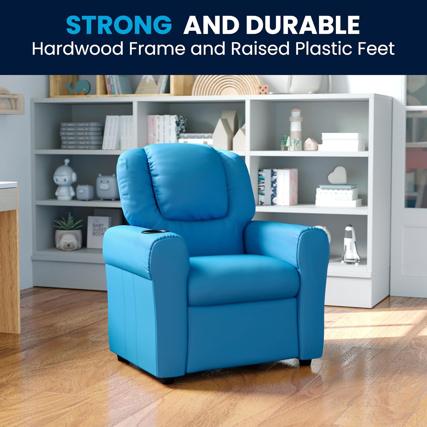 Flash Furniture Vana Vinyl Kids Recliner with Cup Holder, Headrest, and Safety Recline, Contemporary Reclining Chair for Kids, Supports up to 90 lbs., Light Blue