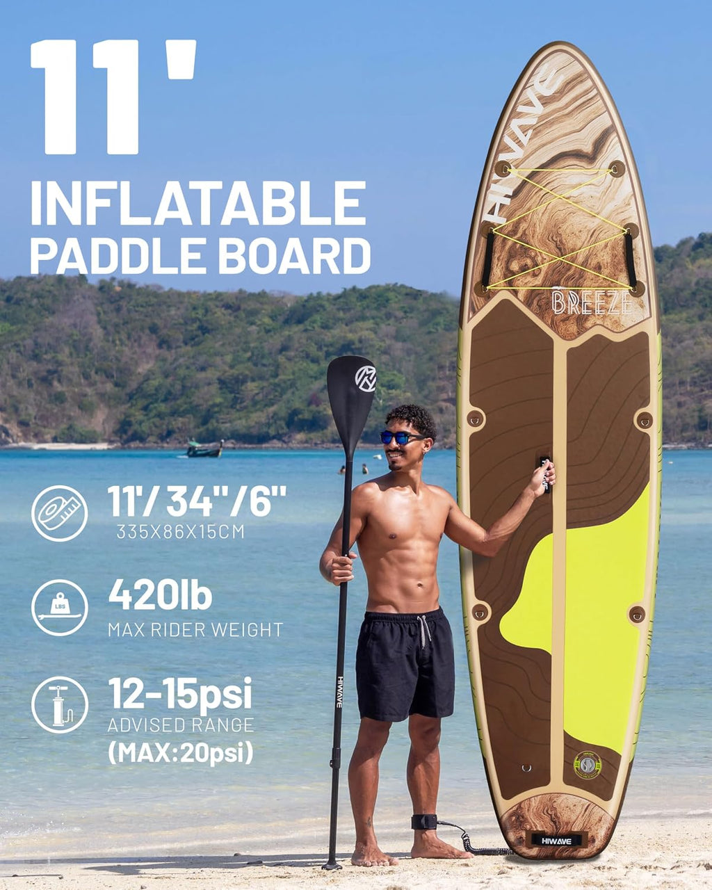 Hiwave Inflatable Stand Up Paddle Board 11'*34'*6' Sup Board, 420lbs Capacity Adult&Youth Paddle Board, Pet Friendly for Ocean&Lake, w/Double Action Hand Pump