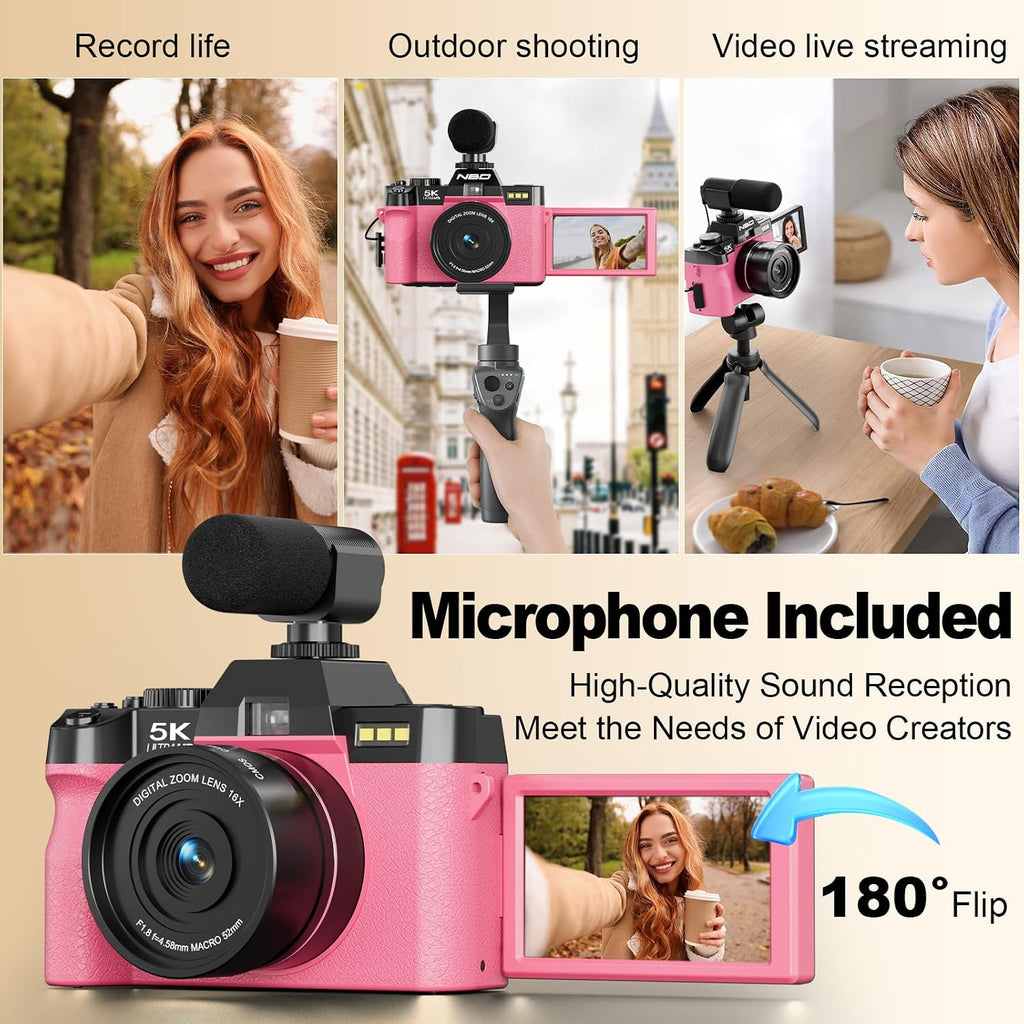 NBD 5K Digital Cameras for Photography - 16X Zoom Travel Camera with 180° Flip Screen, 64MP Vlogging Cameras Fotograficas for YouTube, Auto Focus, Macro Lens, 2 Batteries & 64GB TF Card（Pink）