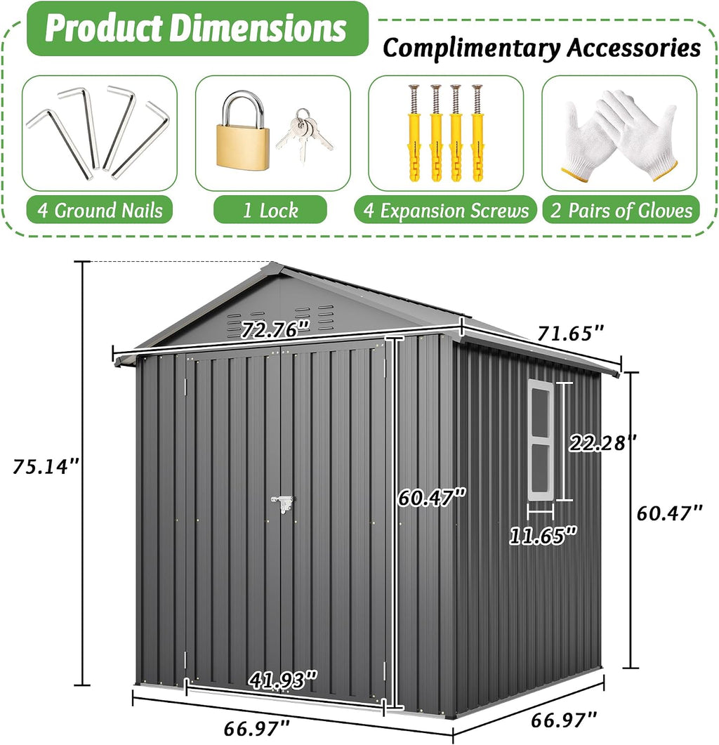 6X6 FT Garden Storage Shed with Lockable Door,Steel Tool Shed, Metal Shed for Backyard Patio Lawn