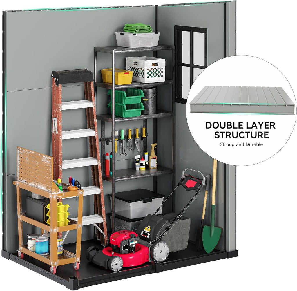 DWVO Outdoor Storage Shed 5x3FT with Fence-Style and Side Windows, Floor & Lockable Doors, Plastic Storage Shed, Storage Shed for Backyard and Garden