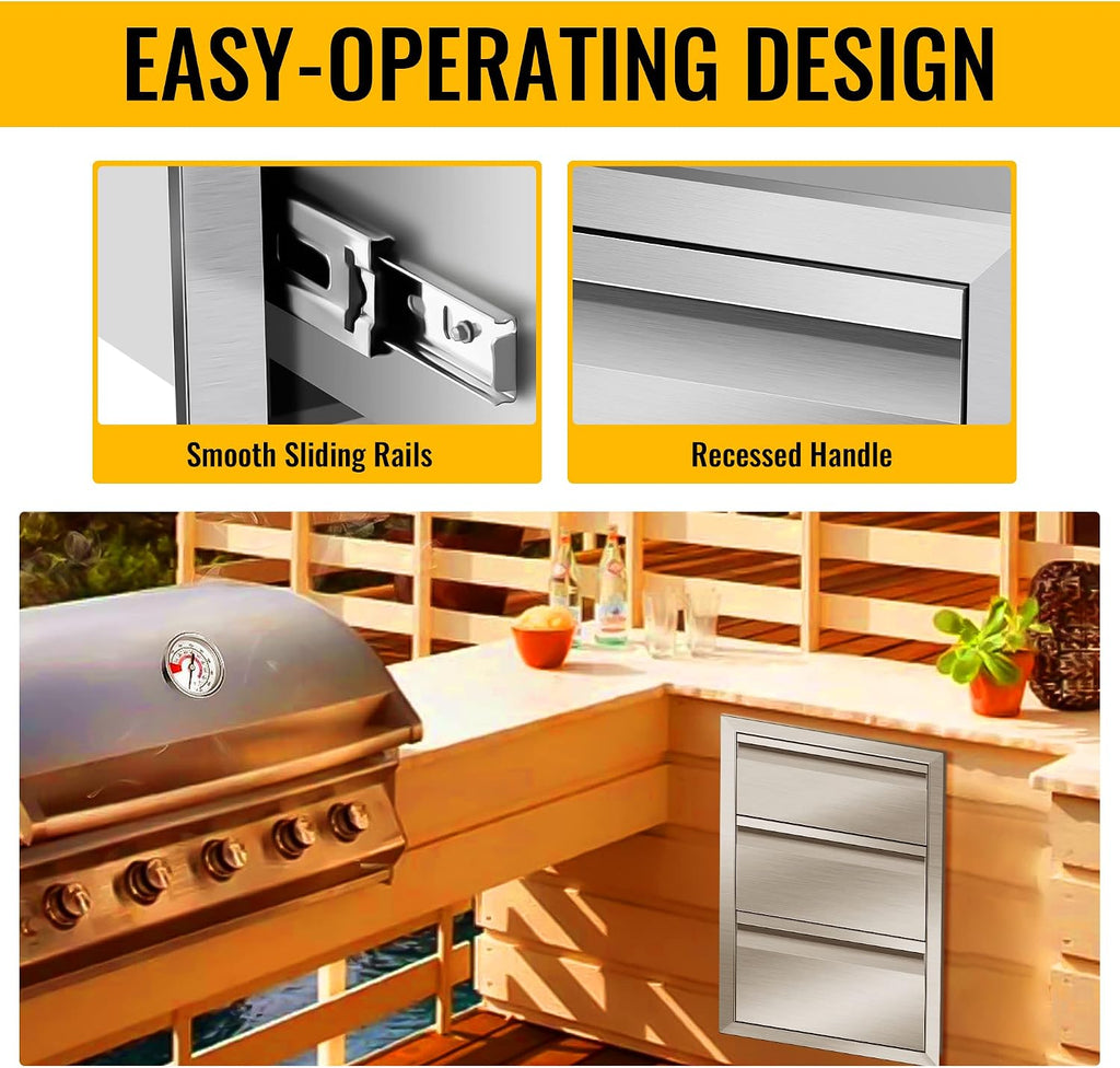 Outdoor Kitchen Drawers 14W x 21H x 23D Stainless Steel Flush Mount BBQ Triple Drawers for Outdoor Kitchen Island, or Patio Grill Station