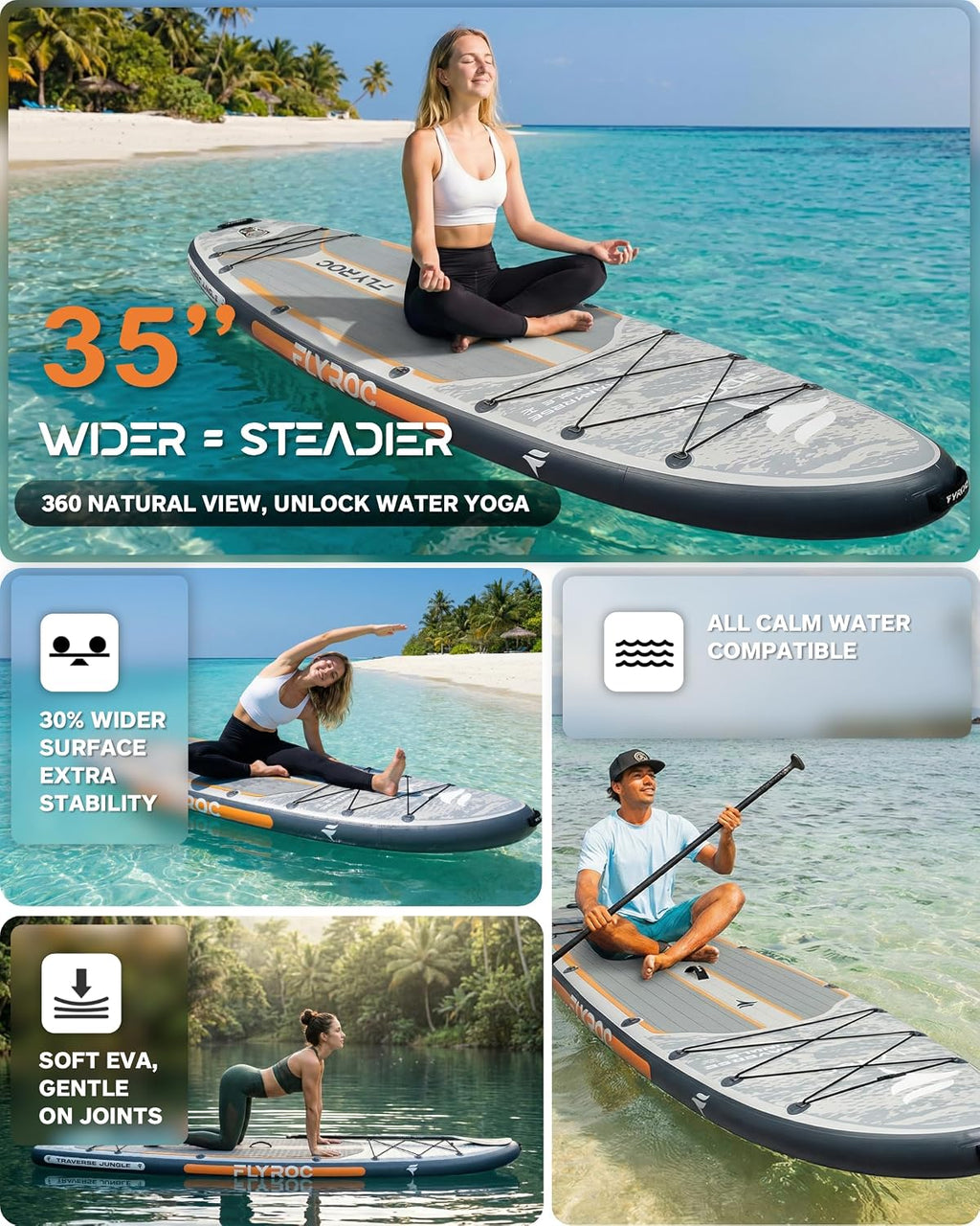 11'6x35'' Extra Wide Inflatable Paddle Board, 450lb Capacity Stand Up Paddle Board for Adults (x3), Stable Inflatable SUP, All Skill Levels, 3 Handles, 100L Backpack, 3PCS Paddle, 5L Dry Bag