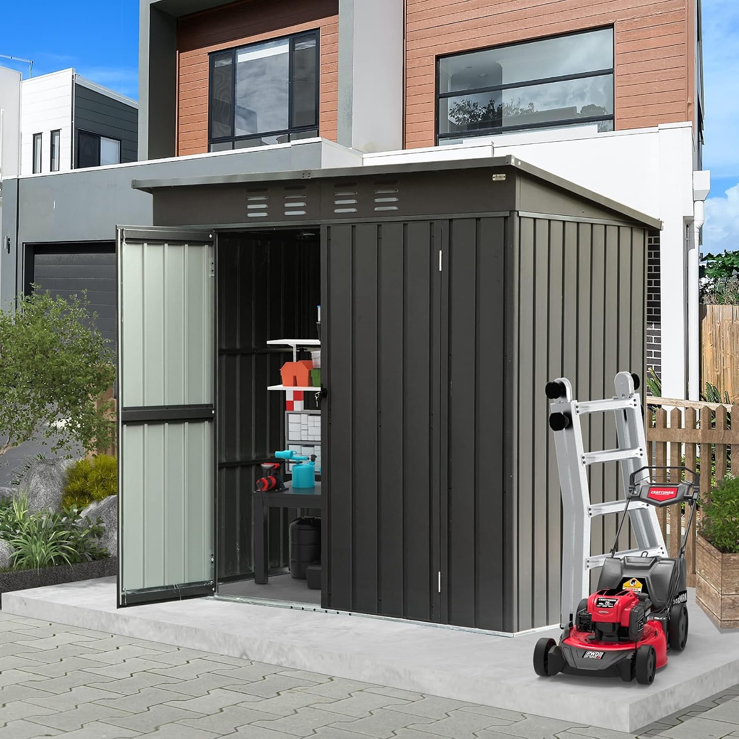 Domi Outdoor Storage Shed 5' x 3', Metal Garden Shed with Galvanized Steel Frame for Bike, Tools, Lawn Mowers, Pool Toys, Outdoor Storage Cabinet with Lockable Door for Garden Lawn Patio (Dark Grey)