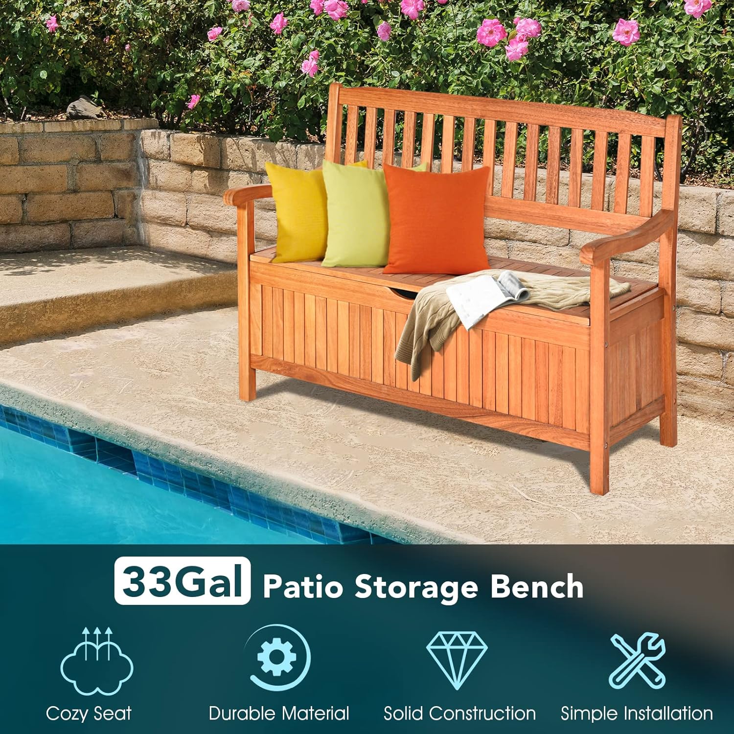 HAPPYGRILL Outdoor Storage Bench Wooden Deck Box with Removable Dustproof Liner, 33 Gal Wood Storage Loveseat Seating Furniture for Courtyard Garden Poolside