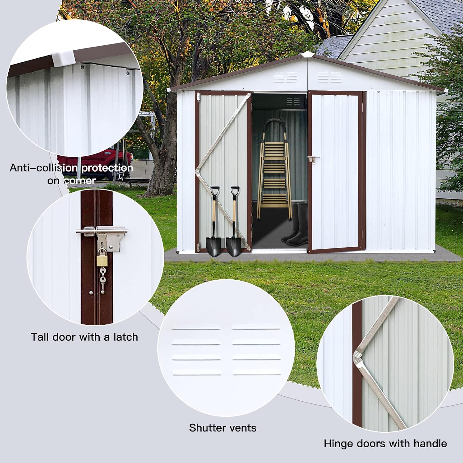 Metal Outdoor Storage Shed 8 x 10 FT, Steel Utility Tool Shed Storage House with Sloping Roof and Lockable Door, Waterproof Garden Storage Tool Shed for Backyard Patio Lawn (White, 8X10 FT)