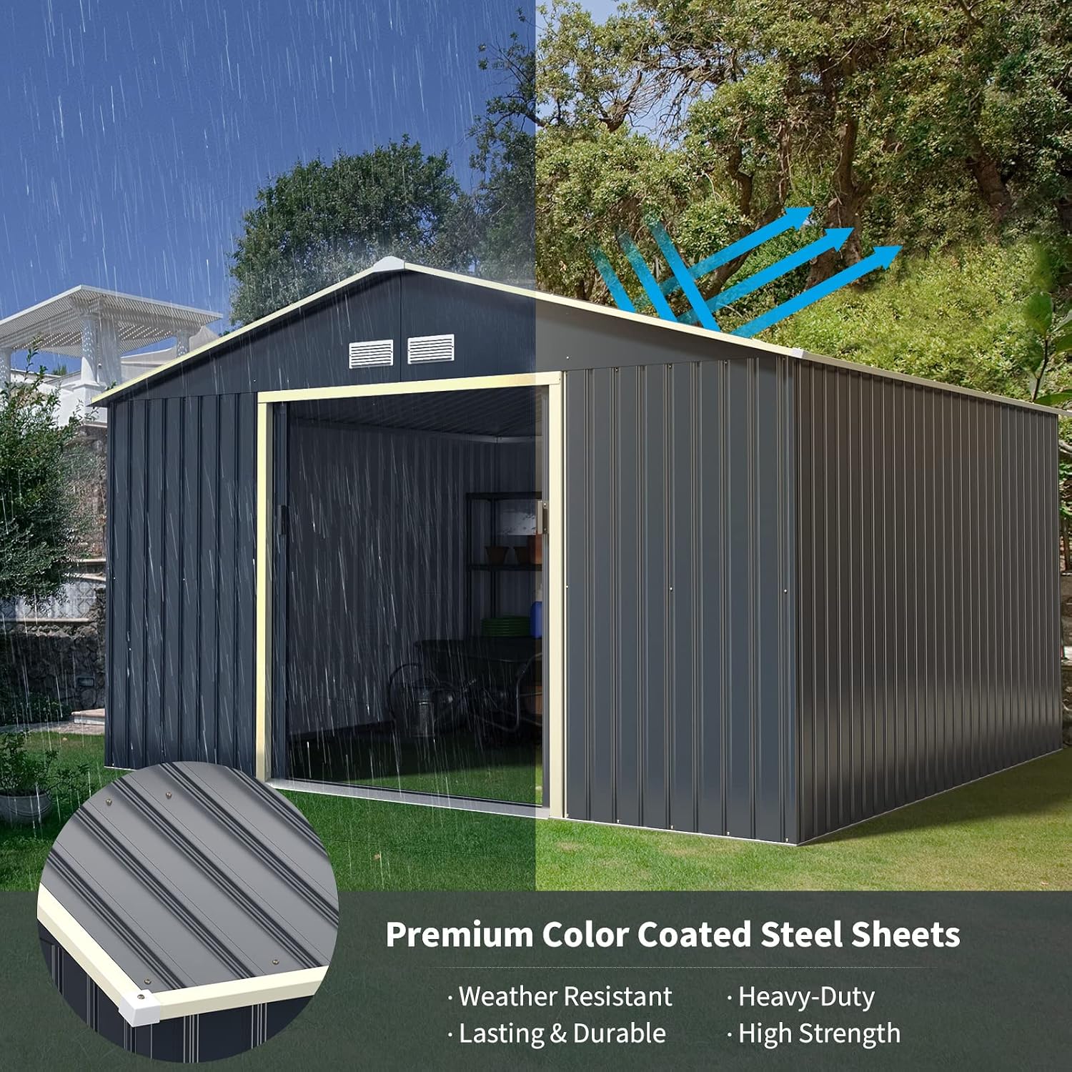 Goplus Storage Shed, Metal 11' X 10' Outdoor Building Organizer with 4 Vents & Double Sliding Door for Garden Backyard Farm (11'X10')