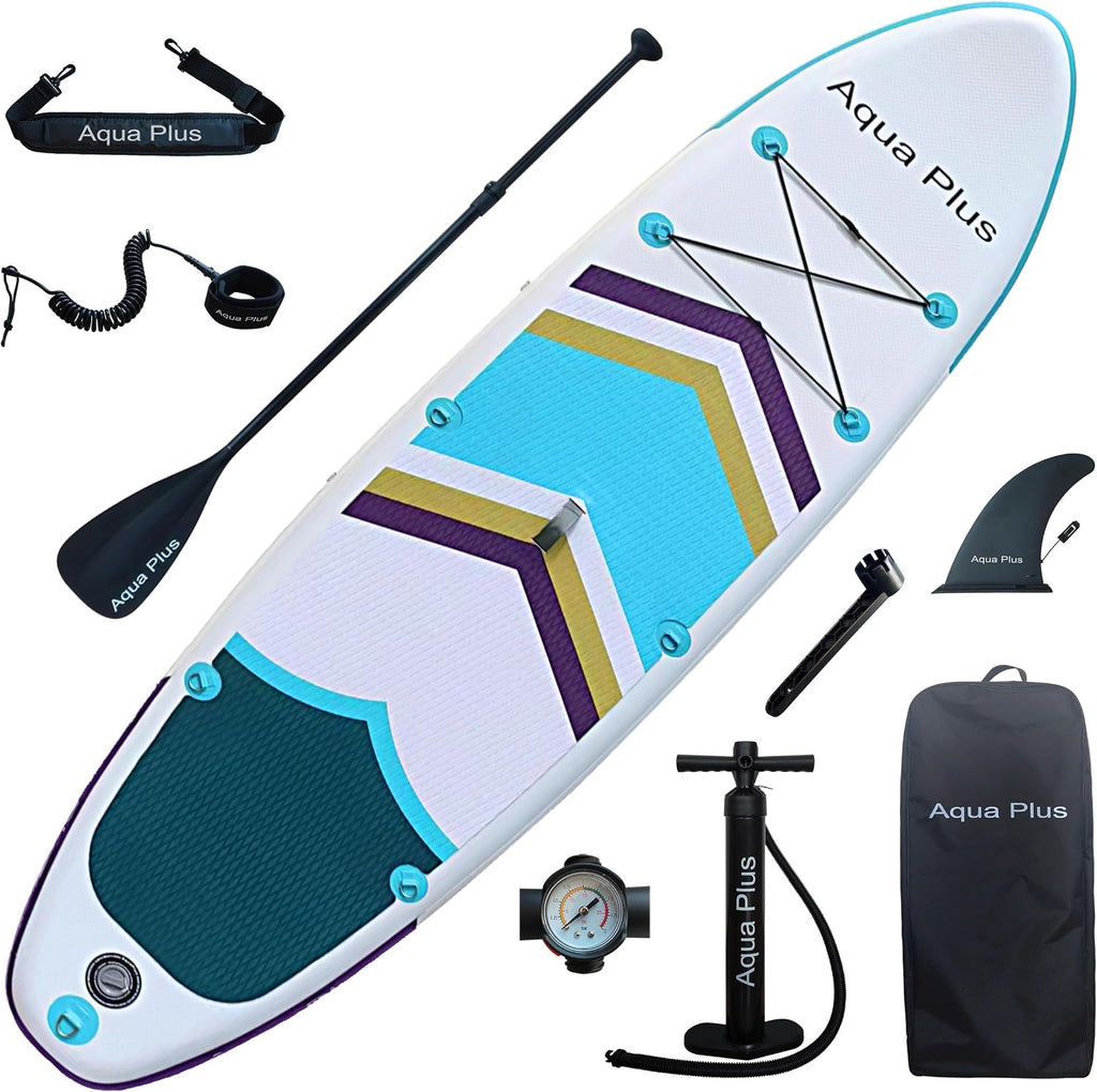 Aqua Plus 6inches Thick Inflatable SUP for All Skill Levels Stand Up Paddle Board,Paddle,Pump,ISUP Travel Backpack, Leash,Shoulder Strap,Youth,Adult Inflatable Paddle Board