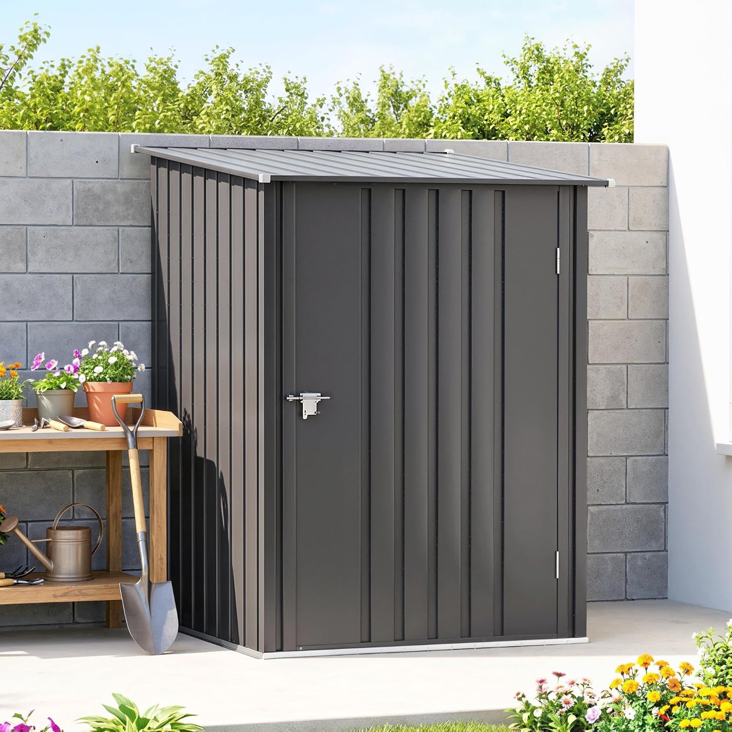 Outsunny 3.3' x 3.4' Outdoor Storage Shed, Metal Garden Tool House with Sloping Roof and Lockable Door for Backyard, Bike, Patio, Garage, Lawn, Gray