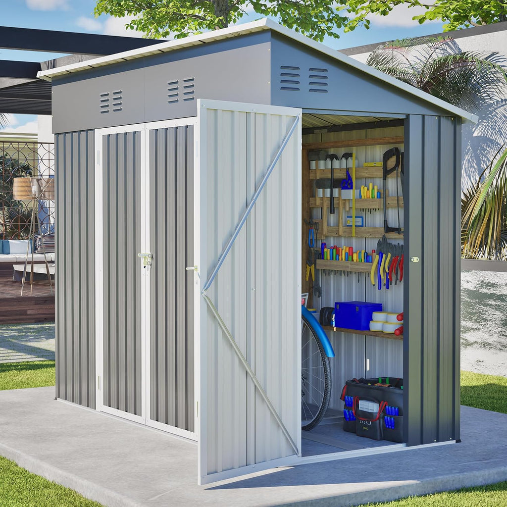4' x 8' Metal Shed with Two Doors,Outdoor Lean to Storage Shed, Garden Tool Storage Cabinet for Backayrd, Patio and Outdoor Use,Grey