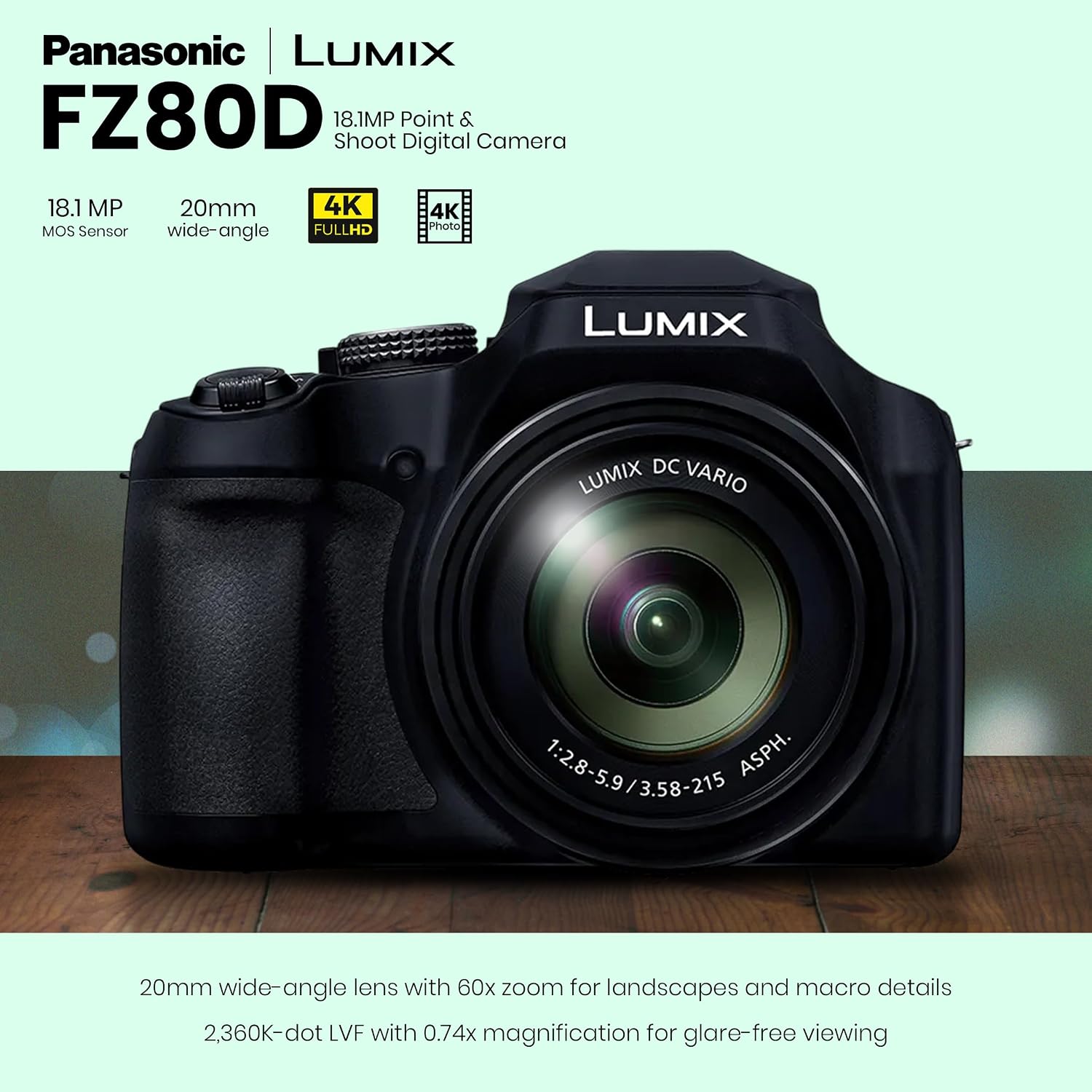 Panasonic LUMIX FZ80D Point & Shoot Digital Camera, 18.1MP, 4K Photo/Video, 60x Zoom (20-1200mm) Lens, Power O.I.S., Bundle w/ 64GB Card, Shoulder Bag, Cleaning Kit, Panasonic 1-Year Warranty