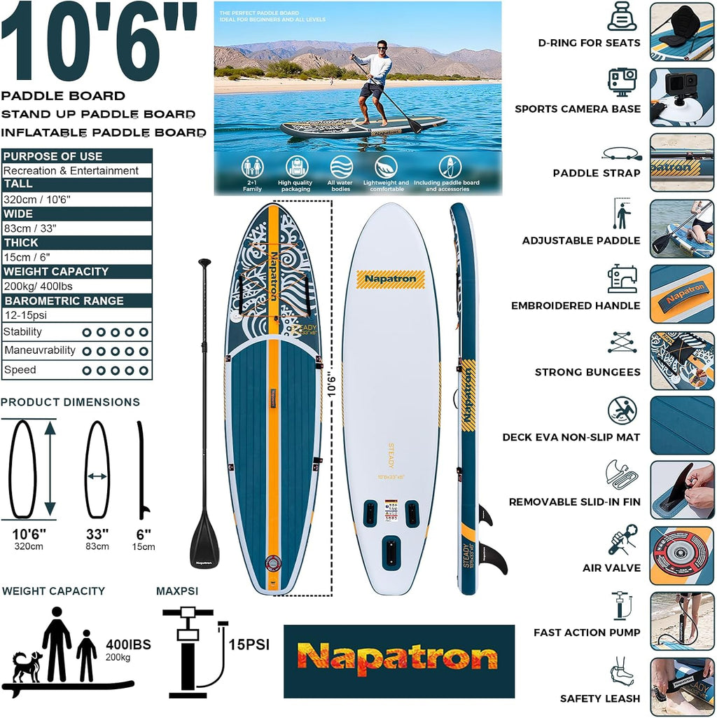 Napatron Inflatable Paddle Board, 10'6' Ultra Lightweight SUP with Adjustable Paddle, Anti-Slip Deck,Coiled Leash & Carry Bag,Stable All-Around Stand Up Paddle Board for Adults