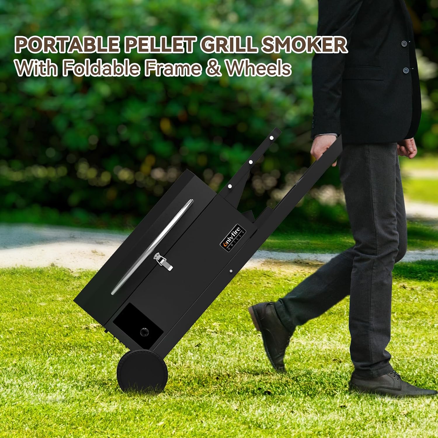 ONLYFIRE GRILLS BBQ Wood Pellet Grill Smoker with Foldable Cart, Meat Probe, 2 Tiers Cooking Area, Portable Grilling Stove for Outdoor Kitchen Cooking Smoke and Roast, RV Camping, Black GS343