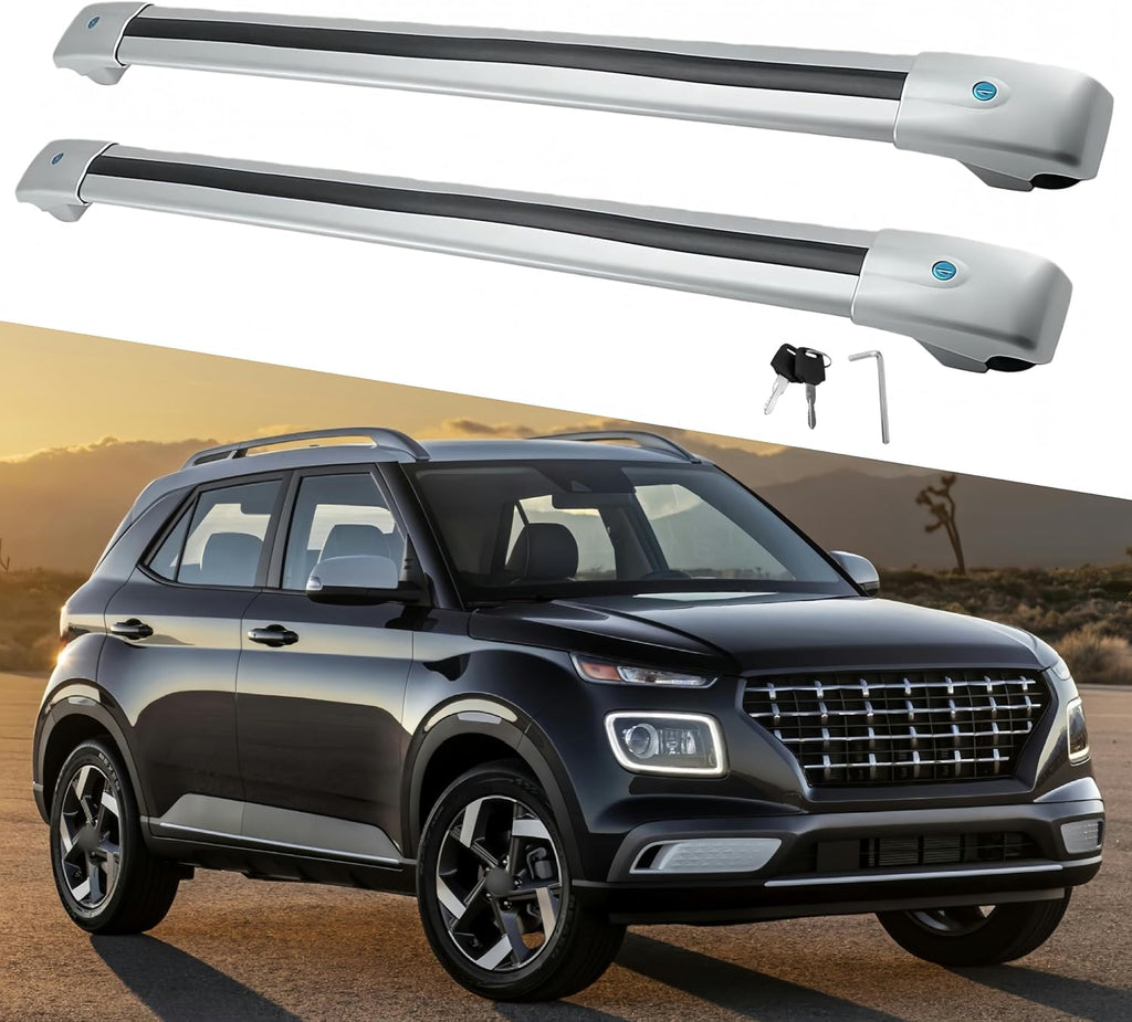2PCS Crossbar Fits for Hyundai Venue 2022 2023 2024 2025 SEL Limited with Raised Roof Rails Silver Cross bar Aluminum Cargo Carrier