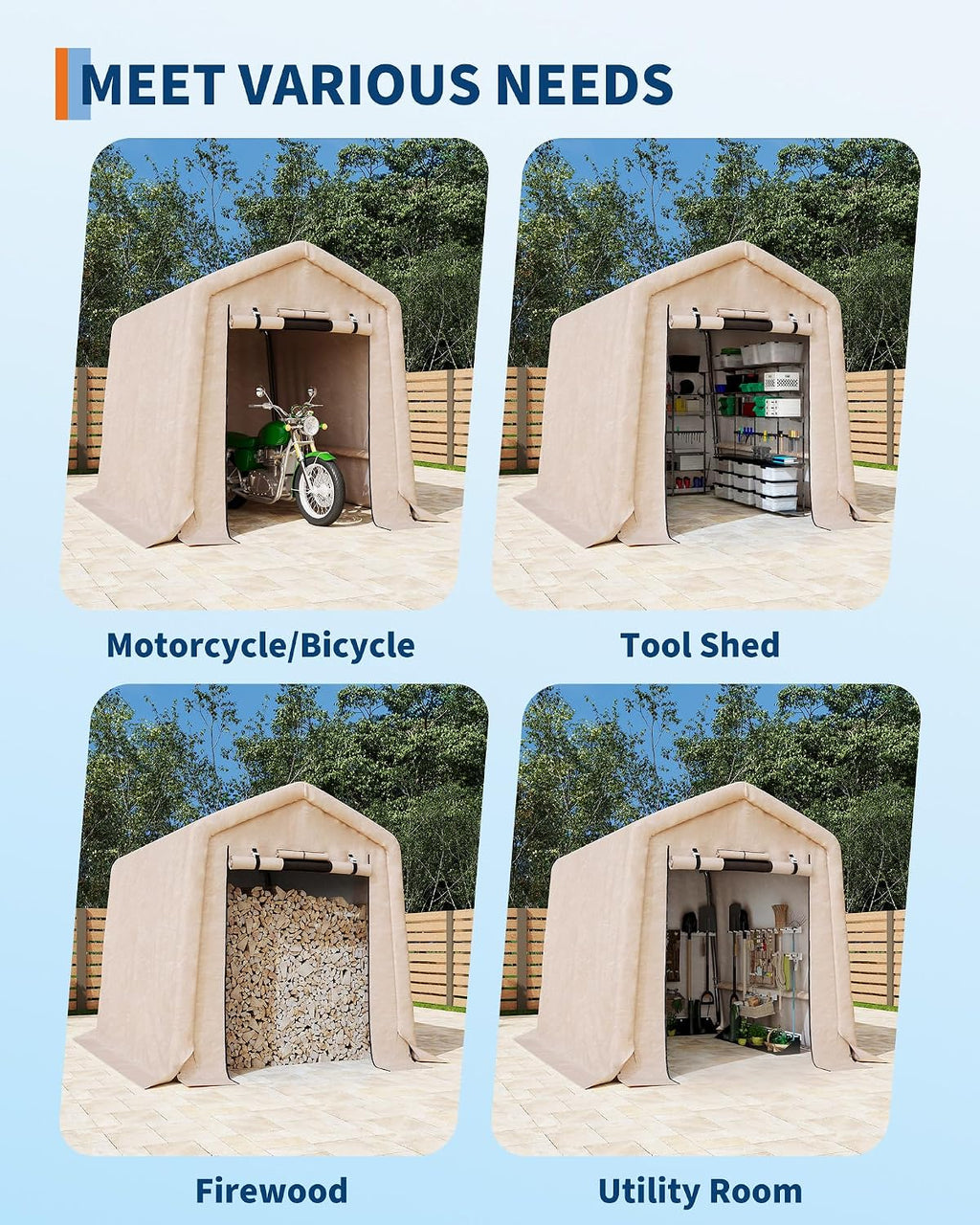 6x6FT Outdoor Portable Storage Shed with Roll-Up Door & Vent, 240G Heavy-Duty Shelter Waterproof PE Tarp, UV-Resistant Storage Sheds for Motorcycle, Firewood, Garden and Tools, Gray (Khaki, 6x6FT)