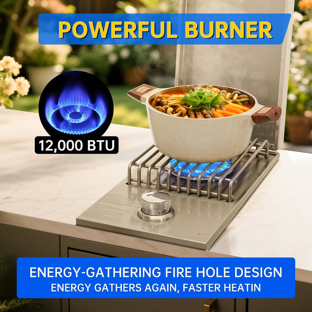 Built-in Single Side Grill Burner with Cover, Silver 304 Stainless Steel Side Burner for Outdoor Kitchen, Propane & Natural Gas, Outdoor BBQ for Family Patio Parties
