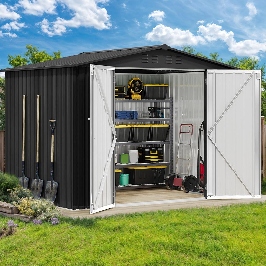 DWVO 7x5FT Outdoor Storage Shelter, Roomy Steel Tool Shed with Secure Entrances & Air Circulation for Patio, Lawn, and Backyard, Ideal for Storing Garden Gear, Lawn Tools, and Bikes, Dark Gray
