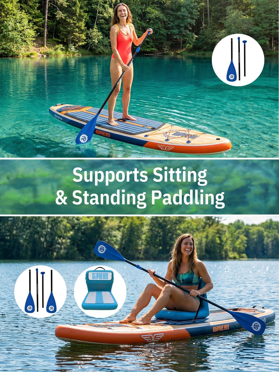 Niphean (Extra Large) Inflatable Paddle Board, SUP for 2+1 People/Family 500lbs Capacity Stand Up Paddle Board with SUP Accessories, StabilTrac Fin Non-Slip Paddleboard for Adults