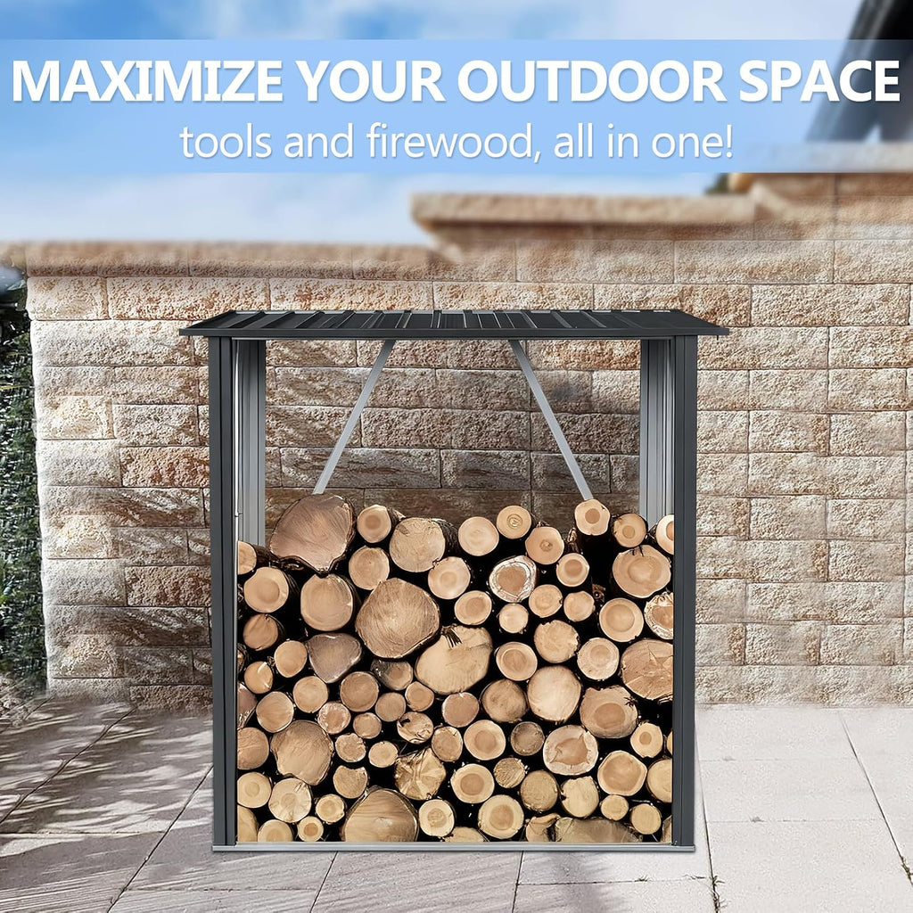 3' x5' Firewood Rack Outdoor, Metal Fire Wood Racks with Weatherproof Sloped Roof - Heavy Duty Galvanized Steel Log Rack, Open Wood Shed for Fireplace, Firewood, Pellet, or Lumber Storage - Black