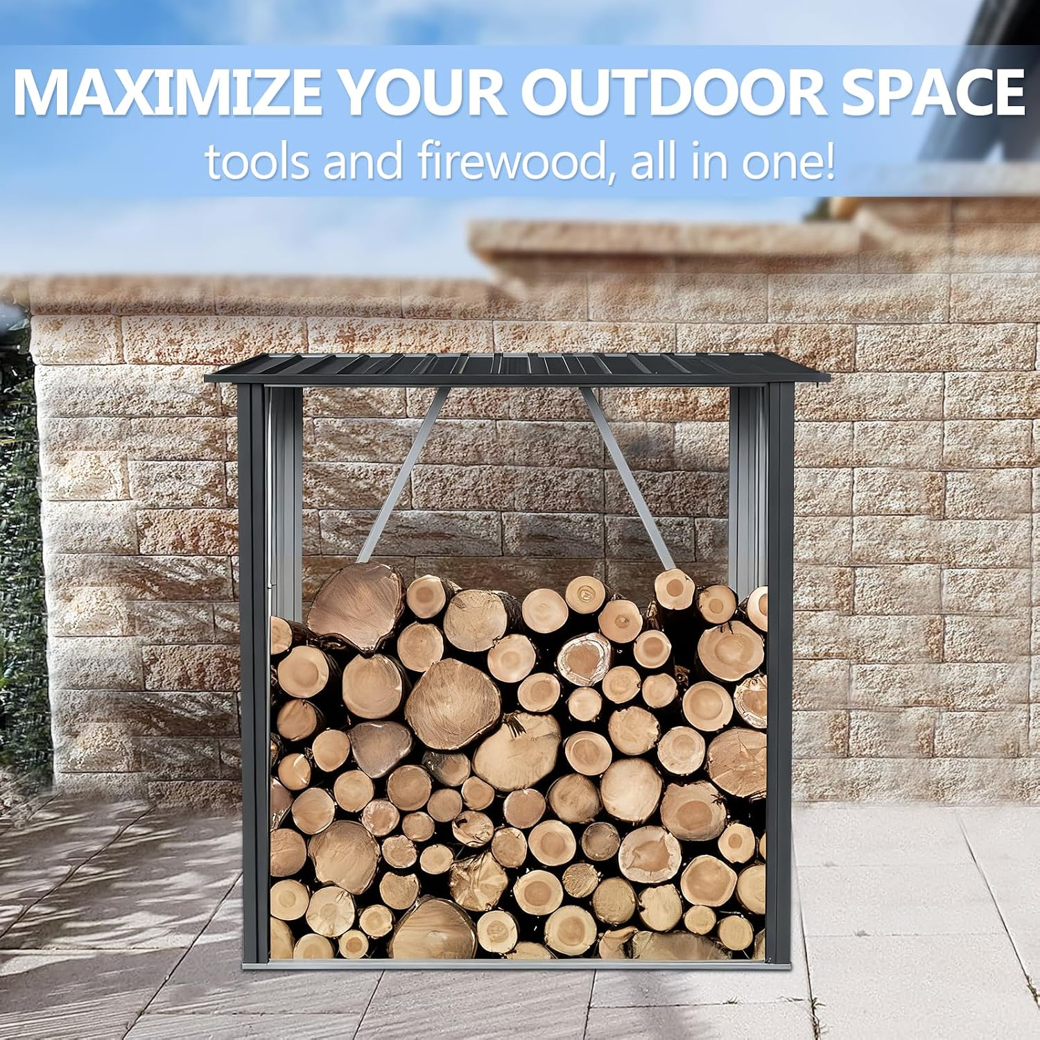 3' x5' Firewood Rack Outdoor, Metal Fire Wood Racks with Weatherproof Sloped Roof - Heavy Duty Galvanized Steel Log Rack, Open Wood Shed for Fireplace, Firewood, Pellet, or Lumber Storage - Black