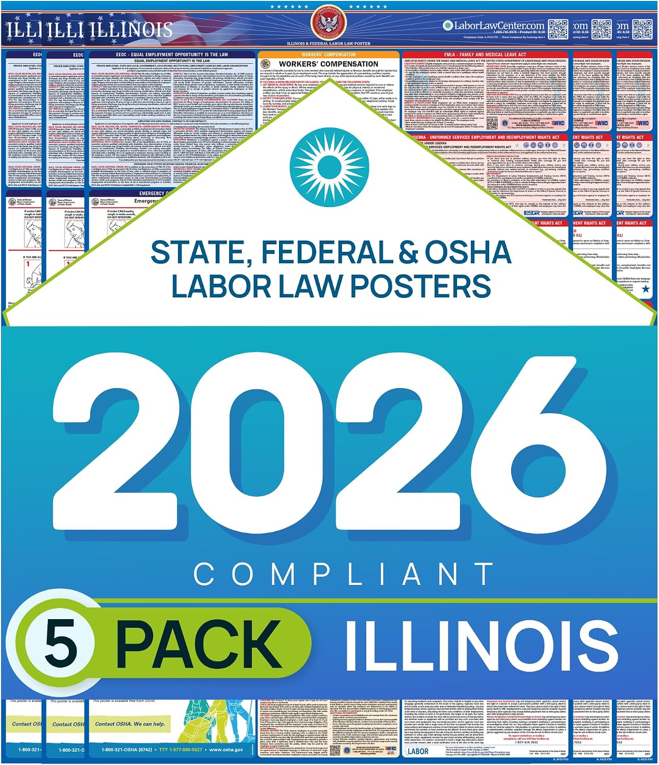 Illinois 2026 Labor Law Poster – State & Federal Compliance – OSHA, EEOC, FMLA, Minimum Wage – Durable, Laminated & Waterproof Workplace Employment Poster – Made in USA – 26' x 39.5', 5-Pack