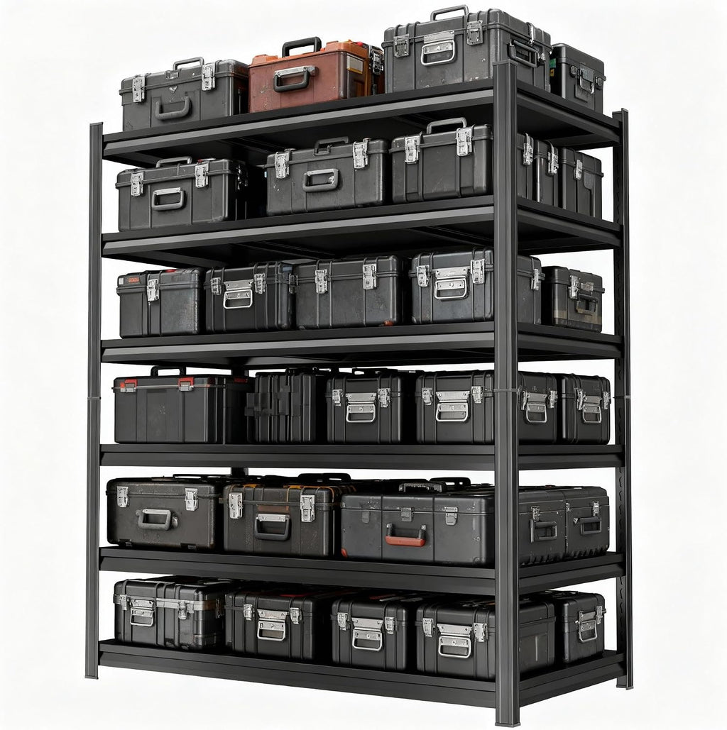 Storage Shelves, Garage Metal Shelving Unit, Adjustable, Double-Layer Column with Reinforced Ribs, Heavy-Duty, Capable of Bearing 600-3600 lbs (Black, 45''W*20''D*77''H, 6-Tier)