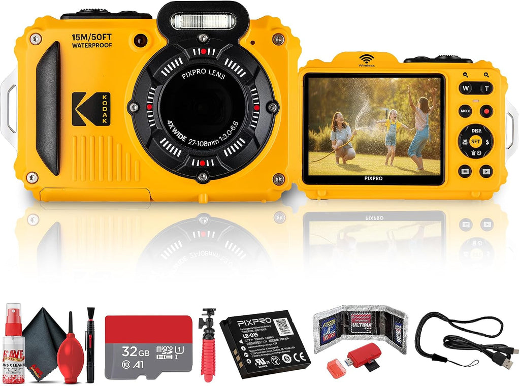Kodak PIXPRO WPZ2 Digital Camera (Yellow) | Waterproof, Shockproof & Dustproof Camera with 16MP Sensor, 1080p Video & 4X Optical Zoom | for Travel & Outdoor use + 32GB Card + Vlogger Tripod + More