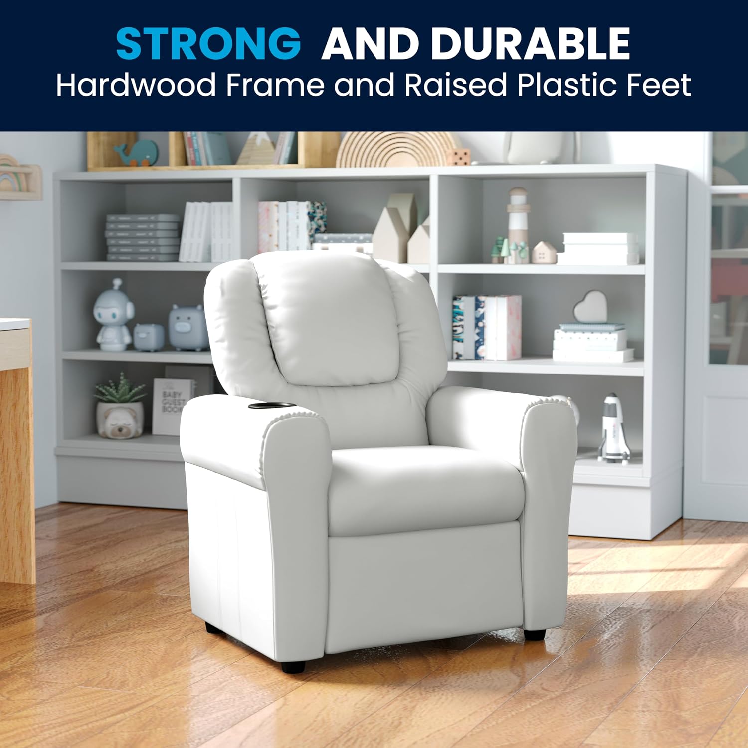 Flash Furniture Vana Vinyl Kids Recliner with Cup Holder, Headrest, and Safety Recline, Contemporary Reclining Chair for Kids, Supports up to 90 lbs., White