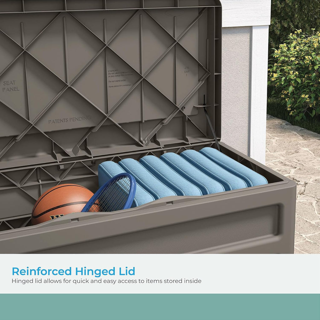 Suncast Outdoor Storage Box - 73 Gallon Stoney Resin Deck Box with Wheels, Handles, and Seat, Heavy-Duty Indoor/Outdoor Storage Bench for Patio Cushions, Shoes, Pool & Garden Gear