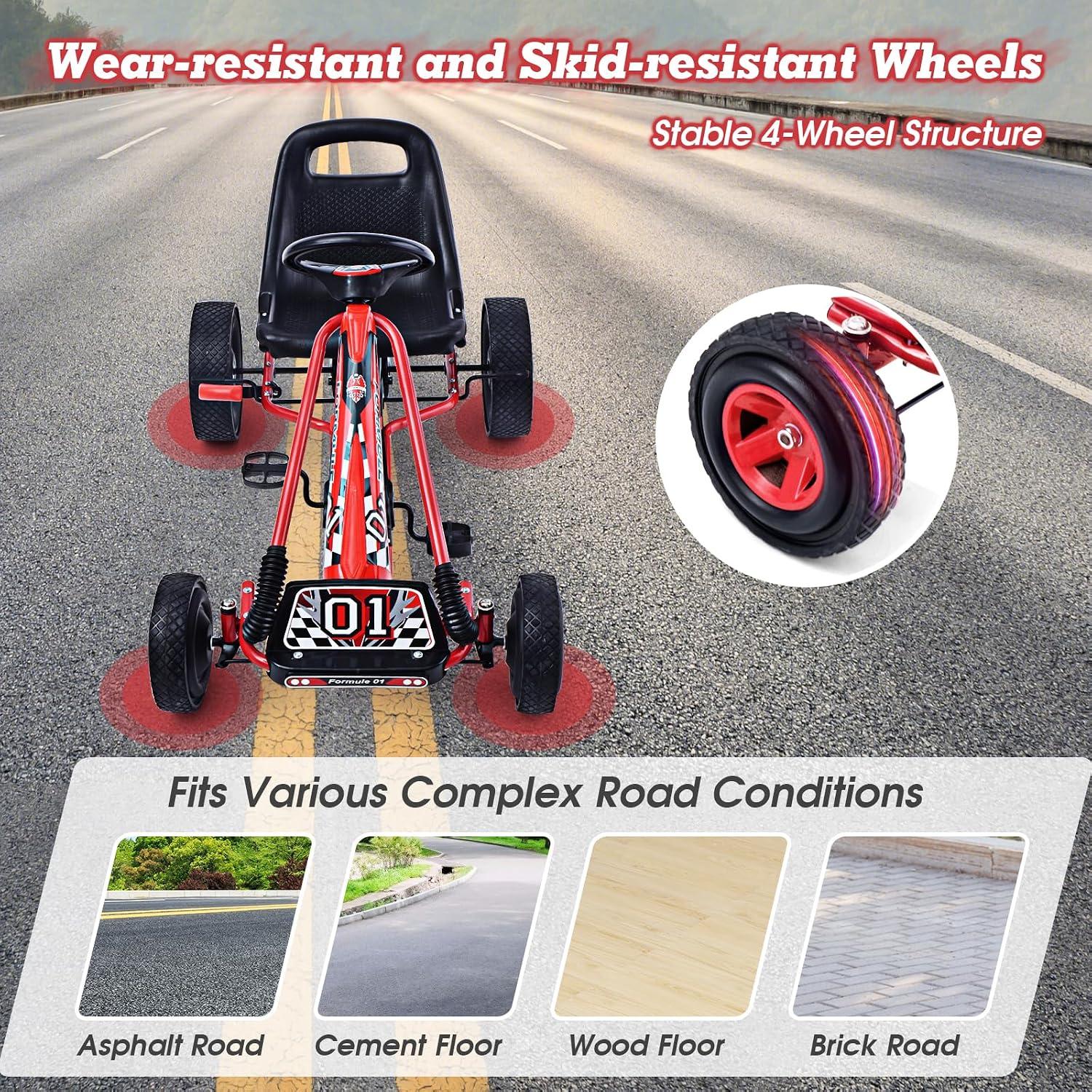HONEY JOY Go Kart for Kids, 4 Wheel Quad Off-Road Pedal On Foot Go Cart w/Steering Wheels & Adjustable Seat, 2 Safety Brakes, EVA Tires, Clutch, Outdoor Racer Ride On Pedal Car (Red)