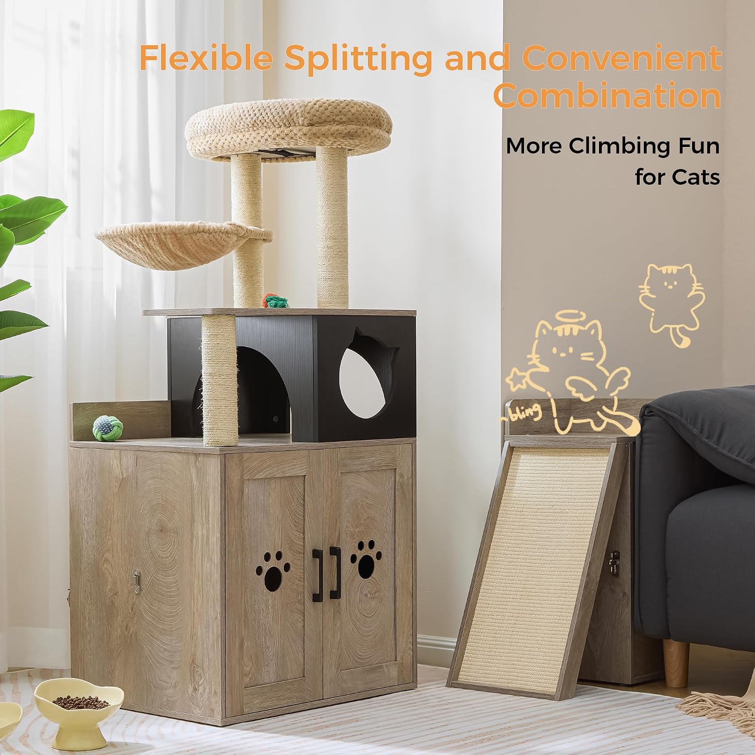IRONCK Litter Box Enclosure with Cat Tree, 46' Hidden Litter Box with Sisal Scratching Ladder and Storage, Modular Wooden Litter Box Furniture with Condo and Platform, All-in-one Cat Tower, Greige
