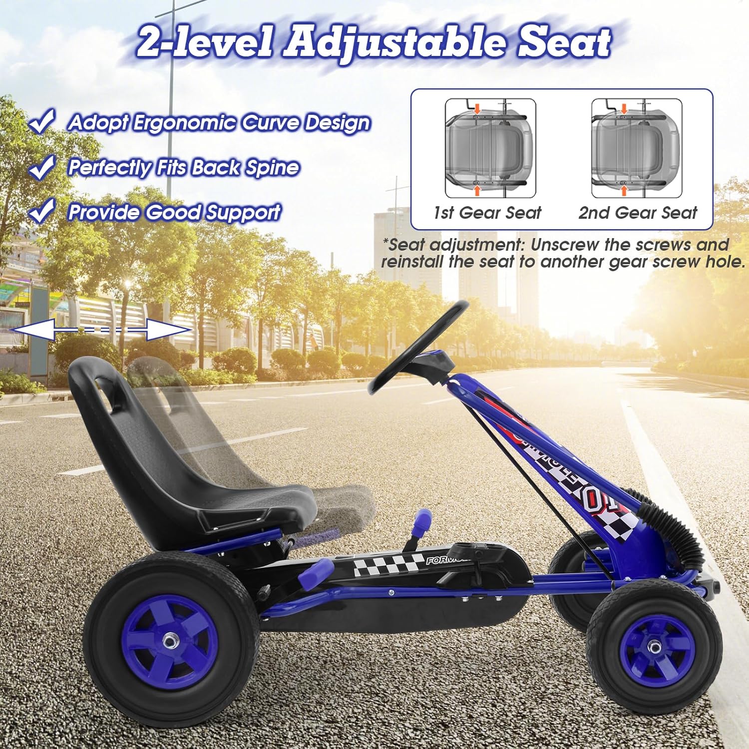 HONEY JOY Go Kart for Kids, 4 Wheel Quad Off-Road Pedal On Foot Go Cart w/Steering Wheels & Adjustable Seat, 2 Safety Brakes, EVA Tires, Clutch, Outdoor Racer Ride On Pedal Car (Blue)