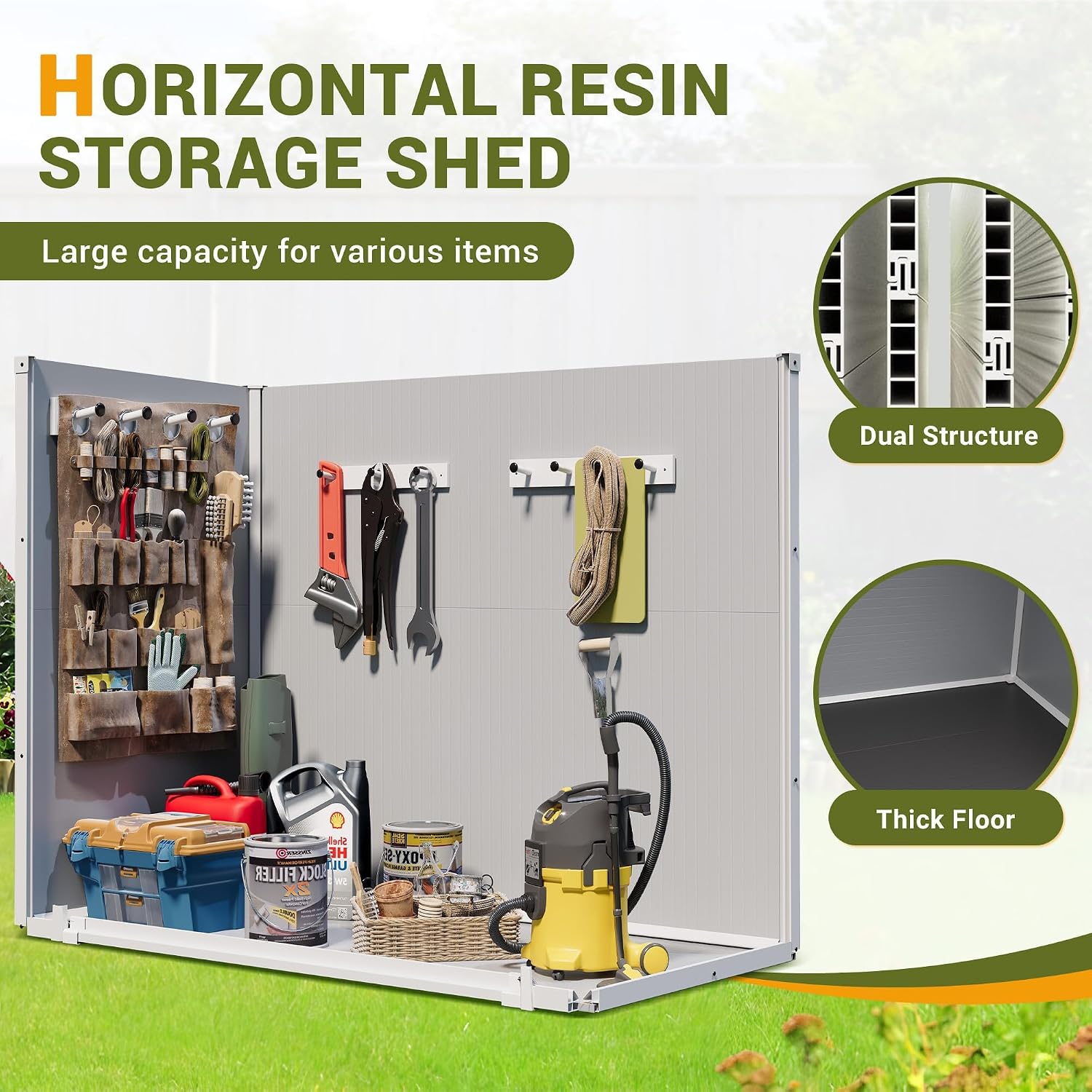41 Cu.Ft Horizontal Outdoor Plastic Storage Shed/Box Trash Can Sheds Weatherproof Resin Shed with Floor Thickened & Gas Spring & Lockable Doors for Tools, Lawn Mower Storage（4.5 * 2.5 FT）