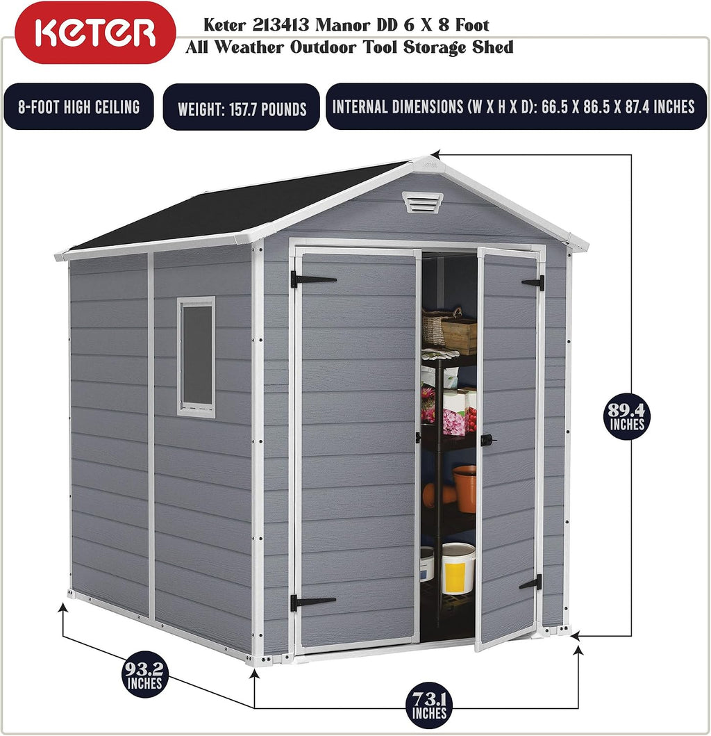 Keter Manor 6x8 Foot All Weather Garden Tool Outdoor Storage Shed with Lockable Double Doors, Fixed Window and Wood-look Resin Walls, Grey