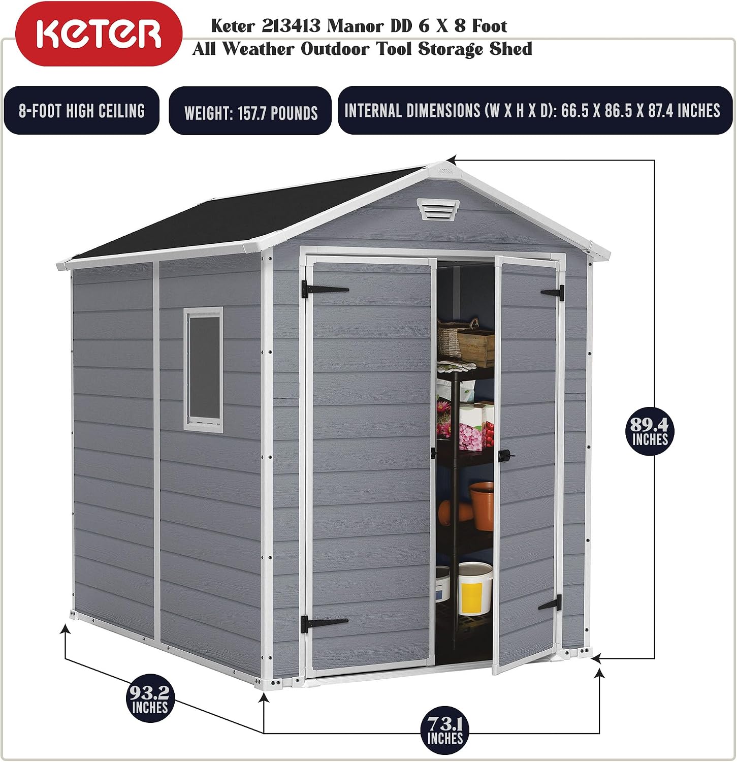 Keter Manor 6x8 Foot All Weather Garden Tool Outdoor Storage Shed with Lockable Double Doors, Fixed Window and Wood-look Resin Walls, Grey