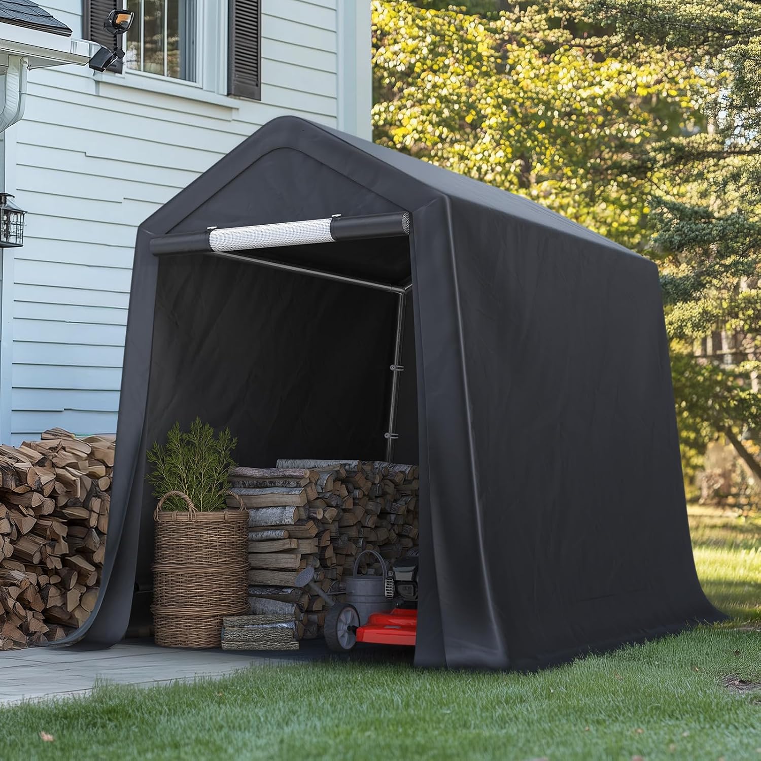 ADVANCE OUTDOOR 6x8 ft Outdoor Portable Storage Shelter Shed with 2 Roll up Zipper Doors & Vents Carport for Motorcycle Waterproof and UV Resistant Portable Garage Kit Tent, Gray