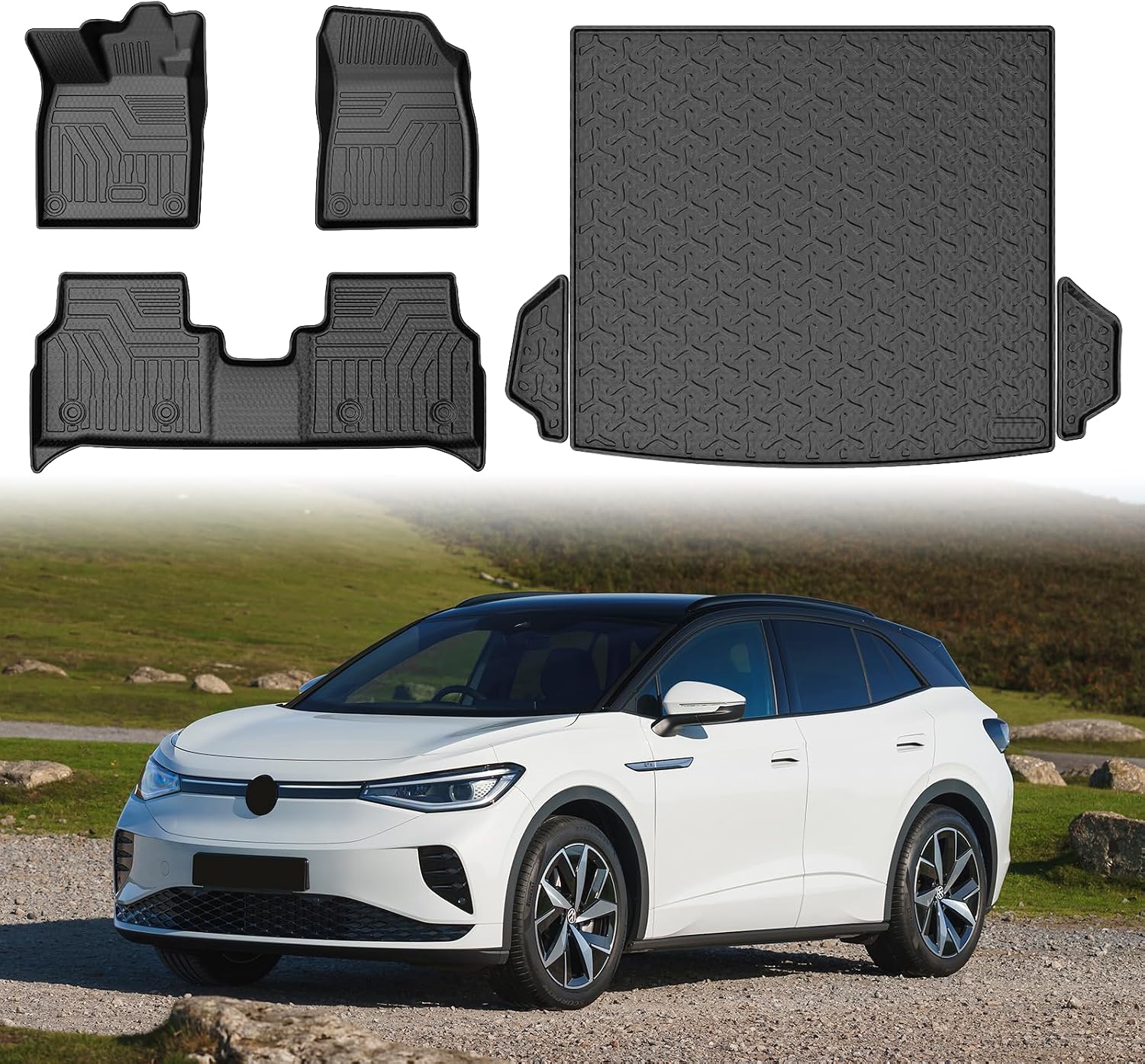 Mixsuper Floor Mats for Volkswagen ID.4 2021-2025 2026, Car Mat for VW ID4 All Weather Trunk Mat and 2 Row Floor Liners Accessories Set Black