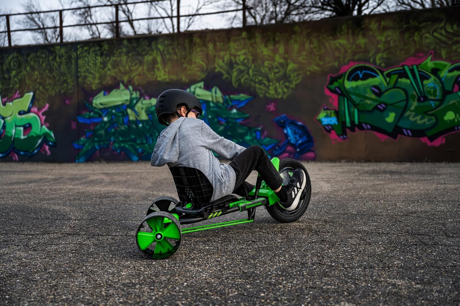 Huffy Green Machine 16 Inch Drift Trike, Sleek Ergonomic Design, Adjustable Seat, Durable Steel Frame, Easy to Operate, Drift Trike for Kids Ages 5-8, Max Weight 80lbs, Coaster Brake, Green and Black
