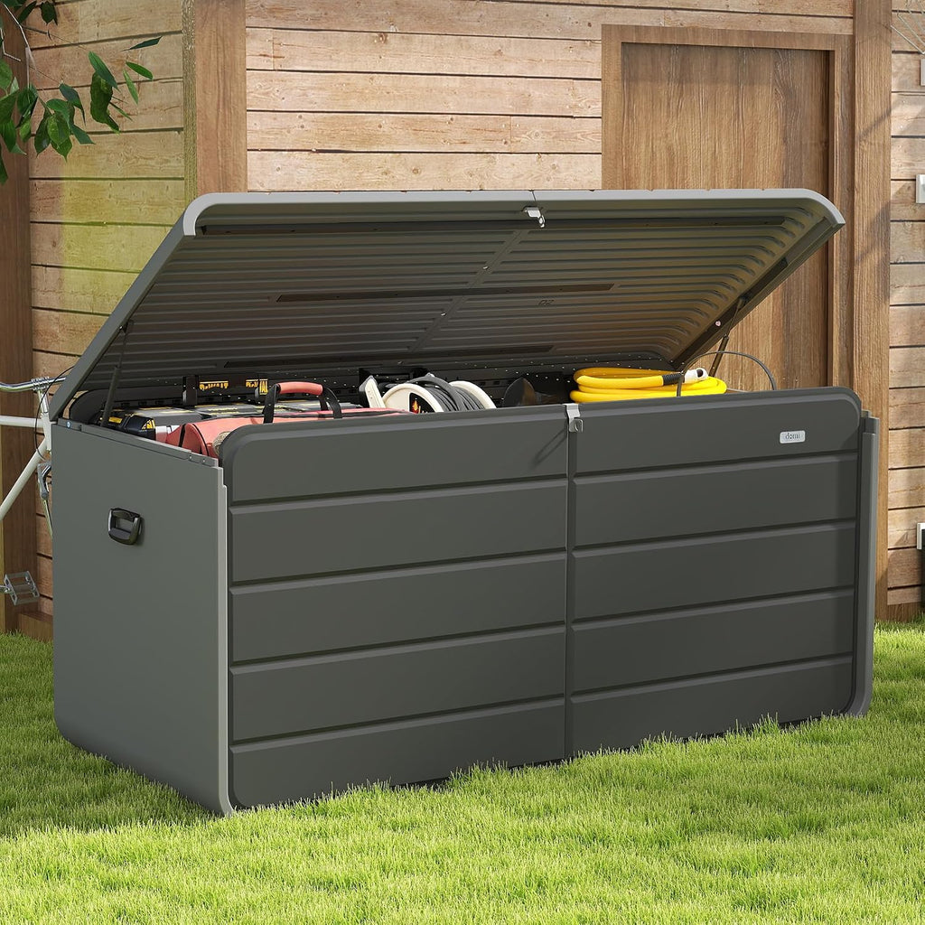 Domi 160 Gallon Resin Deck Box, Waterproof & UV-Resistant Outdoor Large Storage Box Lockable Storage Bin for Patio Cushions Pool Supplies Garden Tools and Delivery Storage