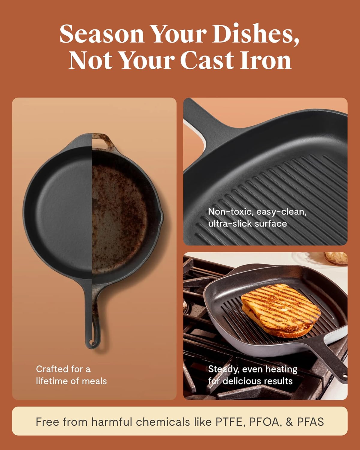 Caraway Enameled Cast Iron Grill Pan - 10.5' Grill Pan for Stovetop Cooking - 3 Layer Enamel Coating - No Seasoning Required - Compatible With All Stovetops - Free From Forever Chemicals - Gray