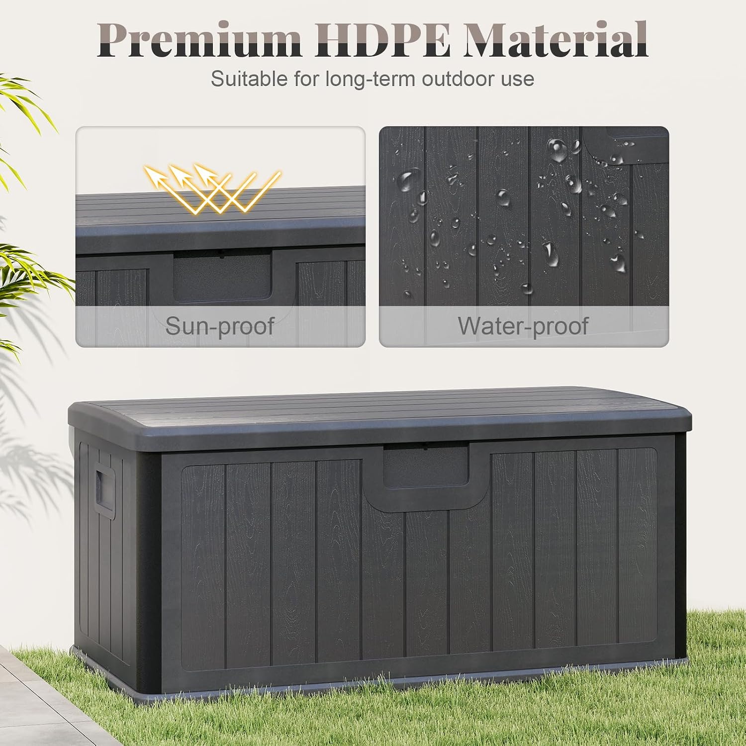 HAPPYGRILL Outdoor Storage Deck Box with Lockable Design & Gas Strut, Handle, 100 Gallon HDPE Patio Storage Organizer for Lawn Backyard Poolside (Gray)