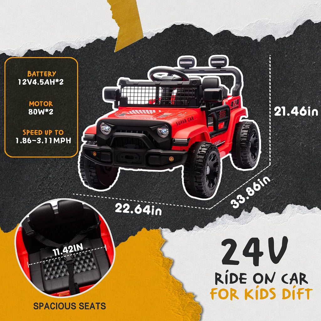 24V Ride On Jeep Car, Toddler Ride On Toys w/Parents Remote Control, One Seat Electric Car for Kids 2-4 with 4-Wheel Suspension, Bluetooth, Music, 1.86-3.11MPH Adjustable Speed, Red