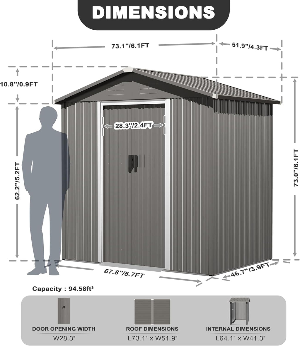 Nuu Garden 6 x 4 FT Outdoor Storage Shed with Sliding Doors, Galvanized Metal Garden Storage Shed with Sloping Roof, Rust-Resistant Backyard Tool Shed with Air Vents for Patio, Lawn, Gray