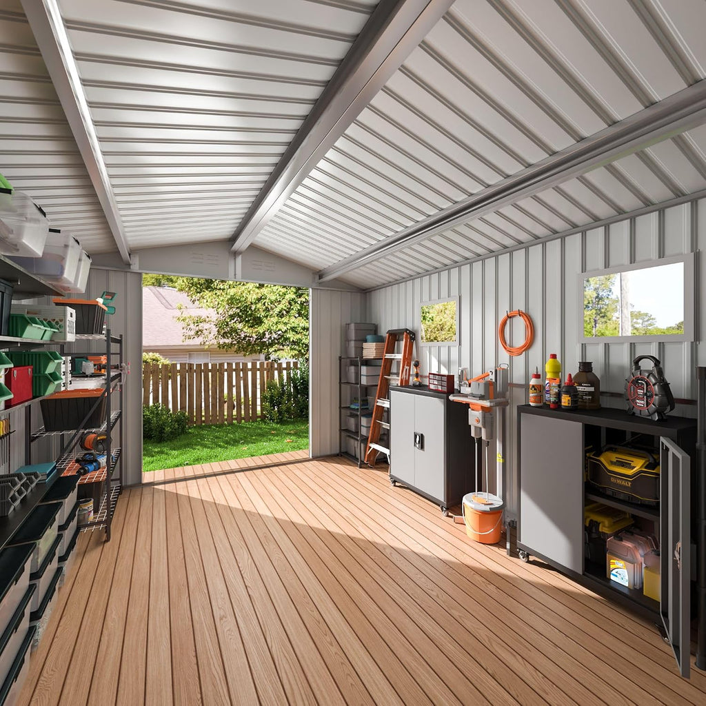 DAUSOLA 8x11.6 FT Outdoor Storage Shed, Metal Garden Tool Shed with Updated Frame Structure, Lockable Doors and Windows, Ideal for Backyard Garden Patio Lawn, Grey