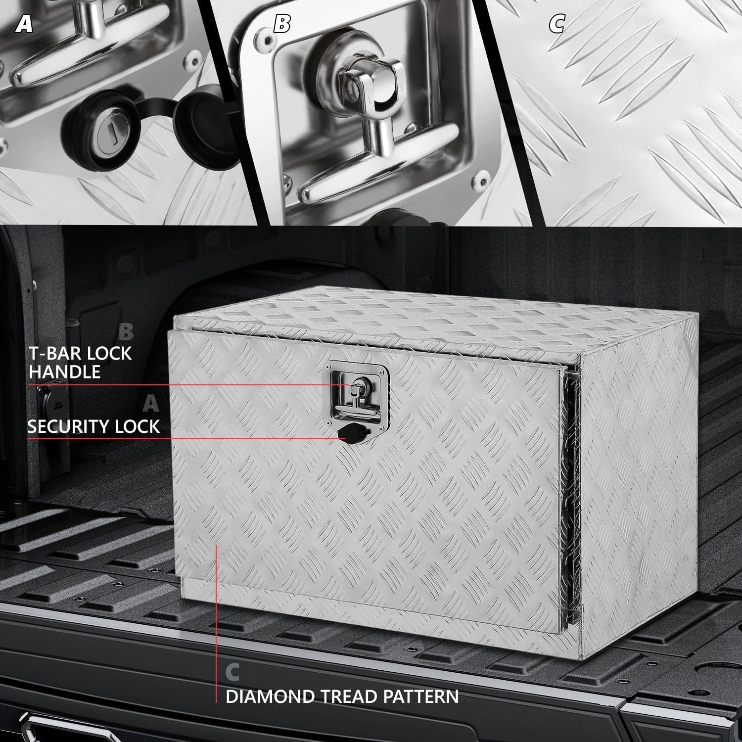 DNA MOTORING Truck Tool Box Lockable Storage Box, Truck Bed Tool Box Truck Bed Organizer Aluminum Truck Tool Boxes for Bed of Truck, w/Lock & Keys, 31.5'L X 19'D X 19'H Silver, TBOX-T5-014-ALU