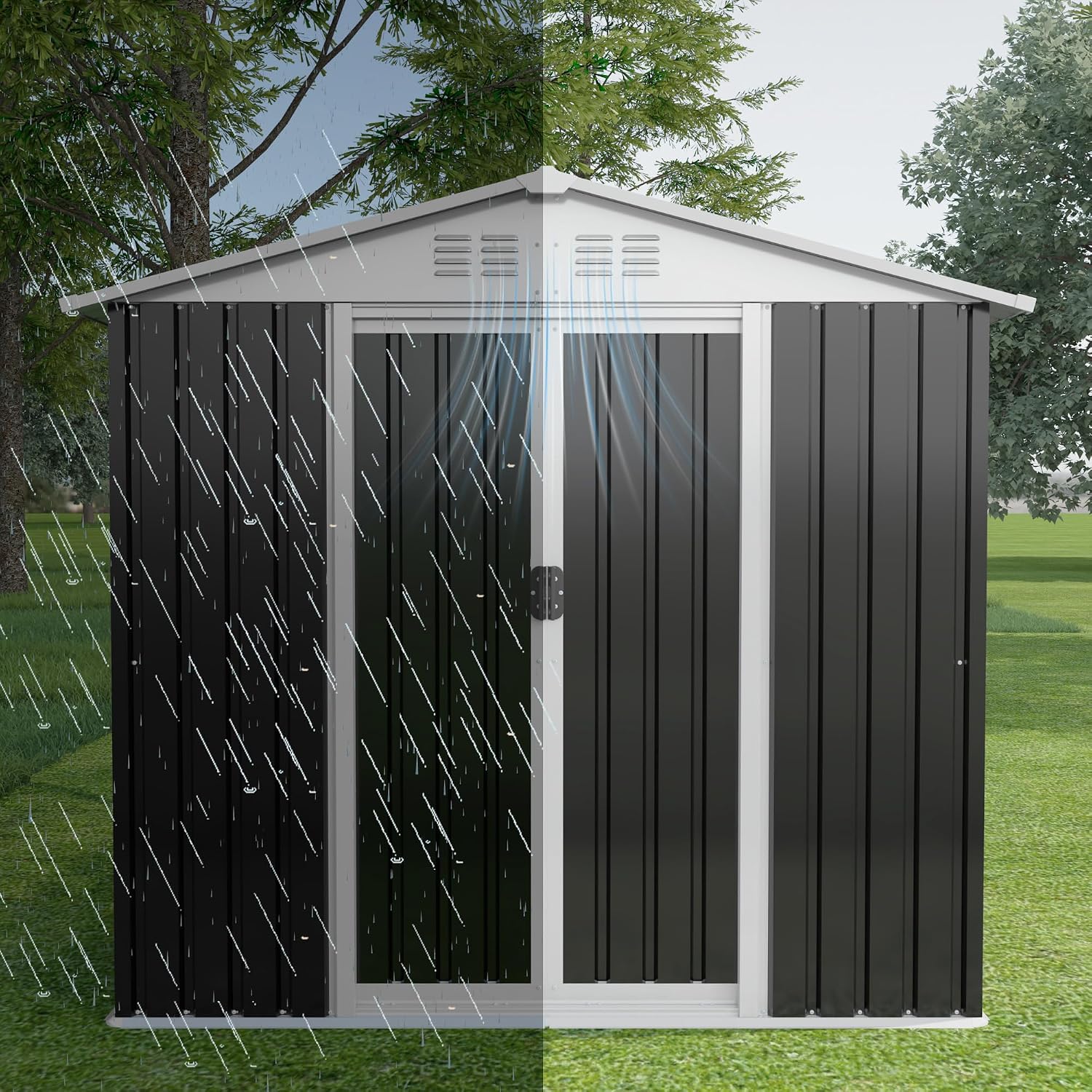 Outdoor Sheds 6FT x 4FT Outdoor Storage, Metal Anti-Corrosion Utility Tool House with Lockable Door & Shutter Vents，Outdoor Waterproof Garden Tool Metal Storage Sheds（Grey）