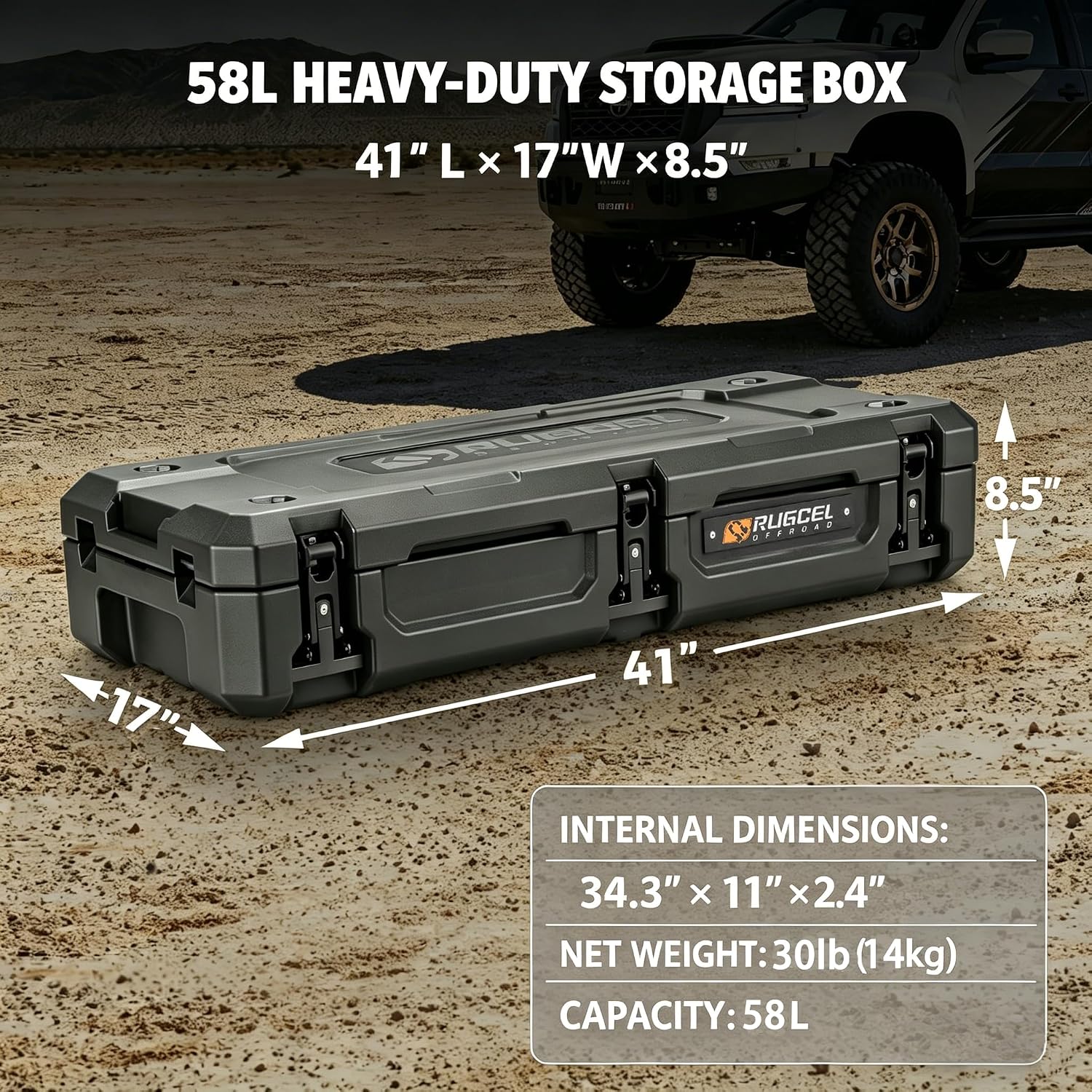 RUGCEL 58QT Waterproof Dry Box - Heavy-Duty Overland & Off-Road Storage Case for Car Camping Equipment, Roof Gear & Vehicle Luggage,41in*17in*8.5in