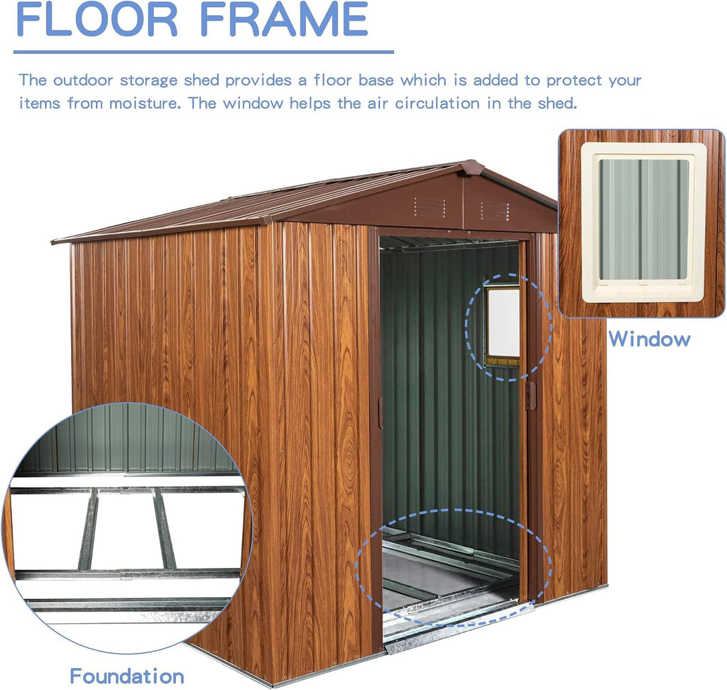 6 x 6 FT Outdoor Storage Shed, Metal Garden Shed with Floor Frame, Tool Shed Outdoor Storage with Lockable Sliding Doors & Window & Air Vents, Storage House Waterproof for Backyard, Lawn, Coffee